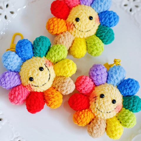 Crochet Rainbow Smiley Flower Keychain