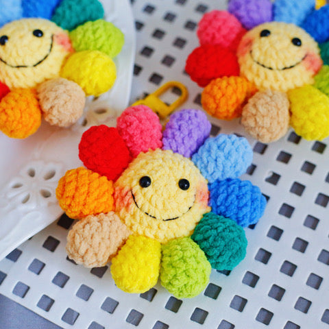 Crochet Rainbow Smiley Flower Keychain