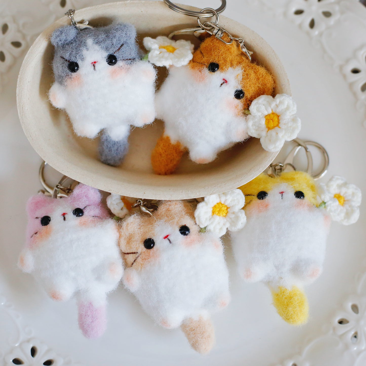 Crochet Flower Holding Cat Keychain
