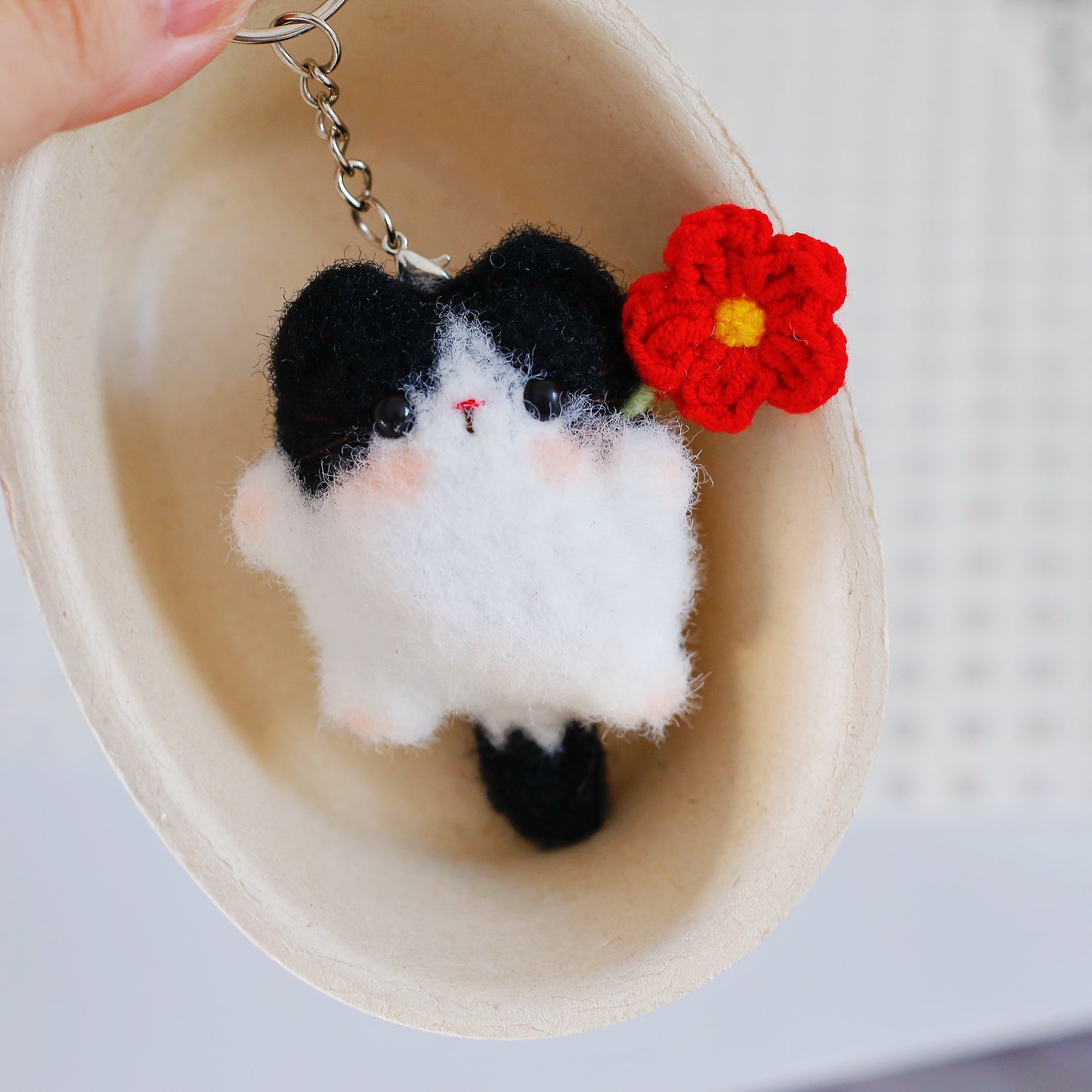 Crochet Flower Holding Cat Keychain