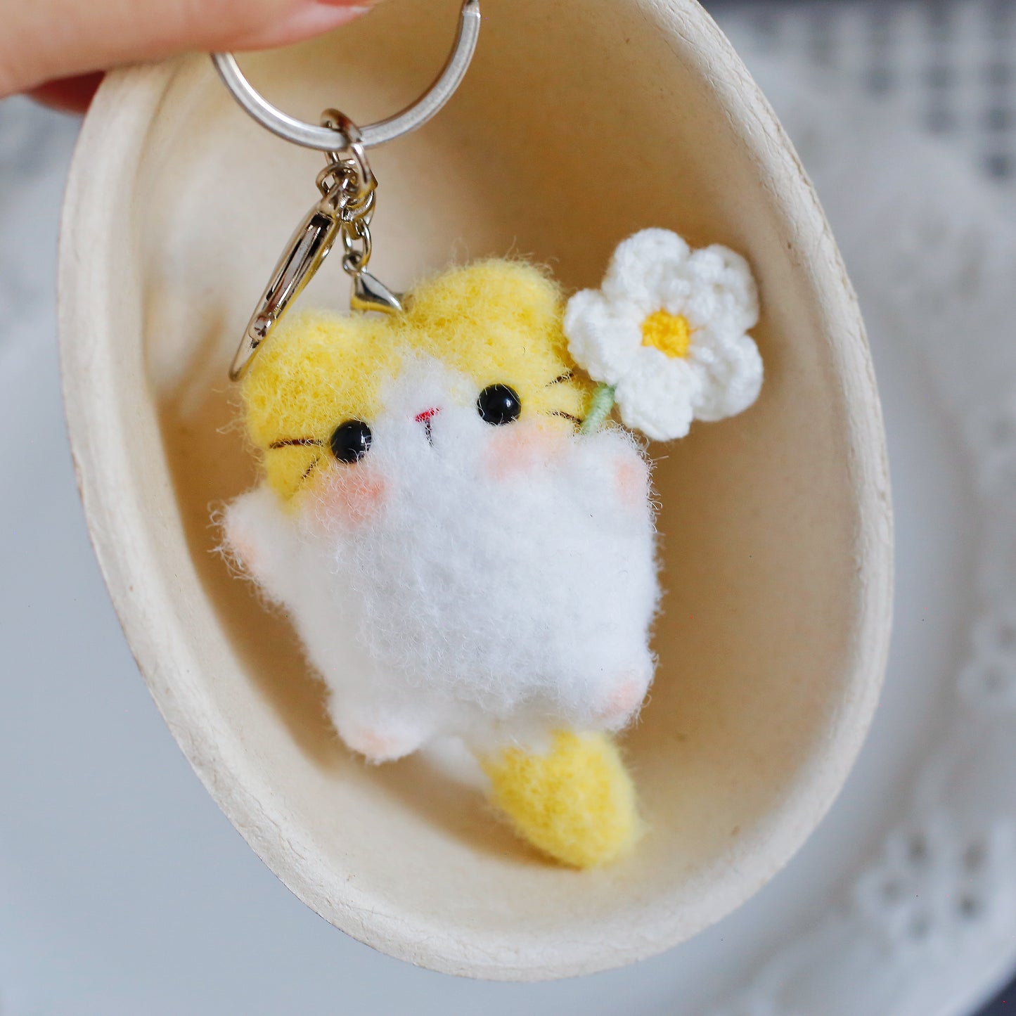Crochet Flower Holding Cat Keychain