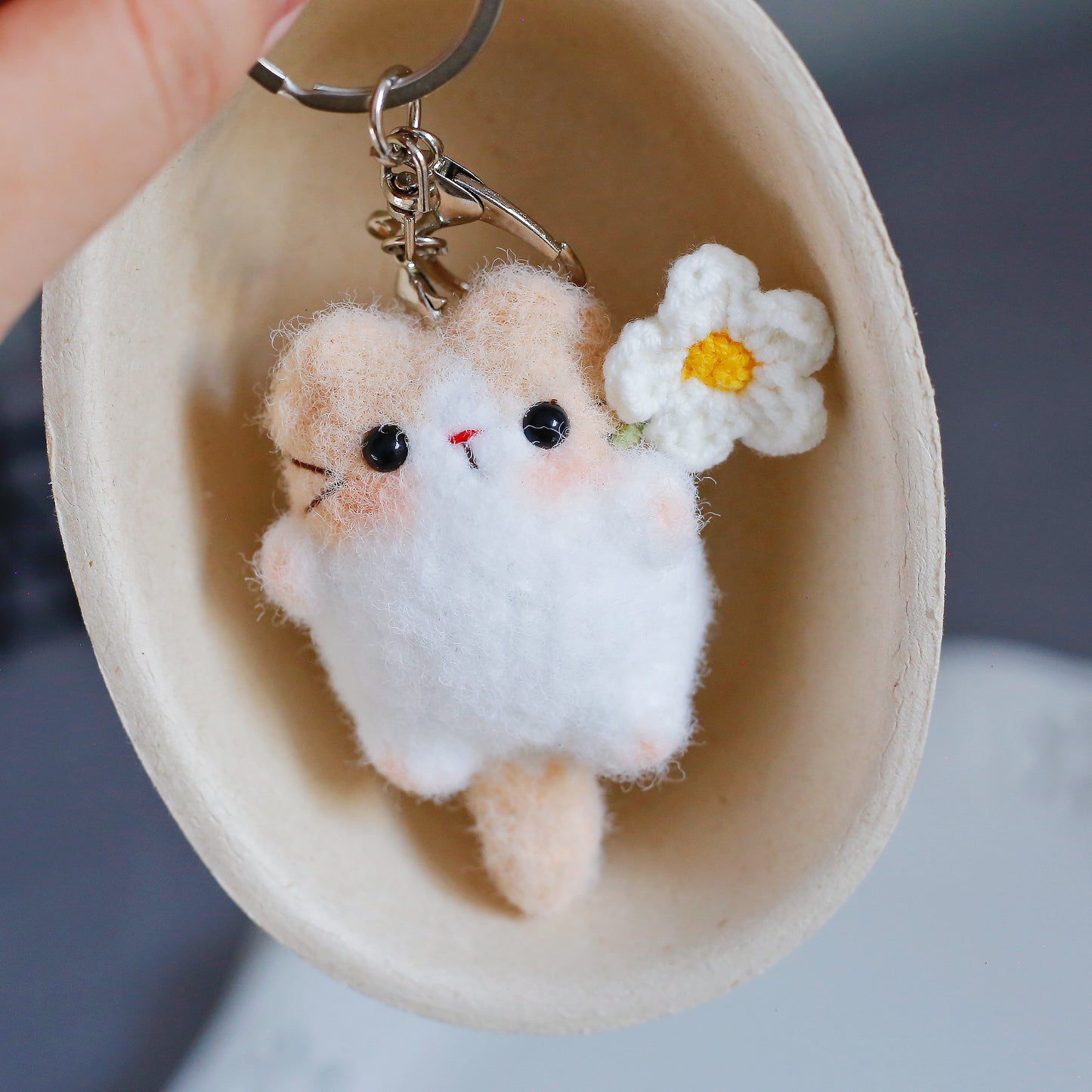 Crochet Flower Holding Cat Keychain