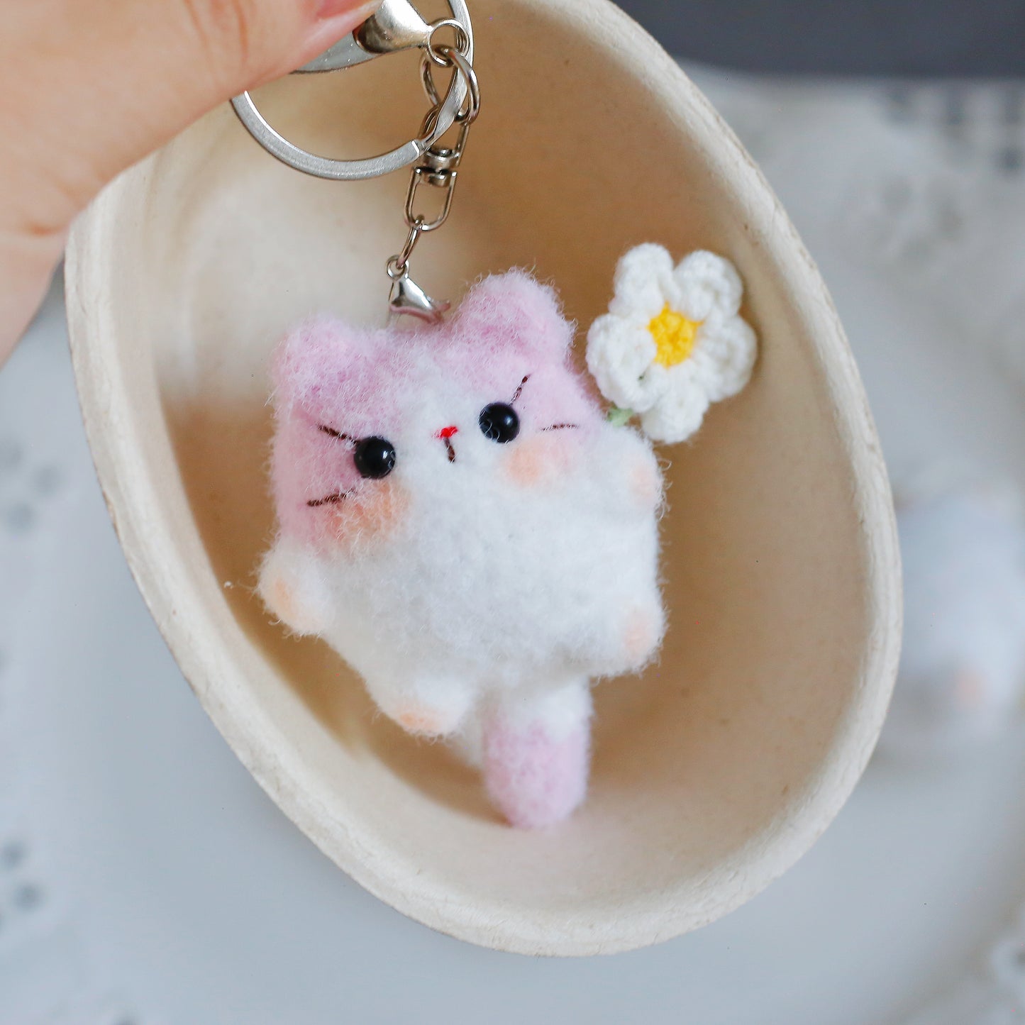 Crochet Flower Holding Cat Keychain