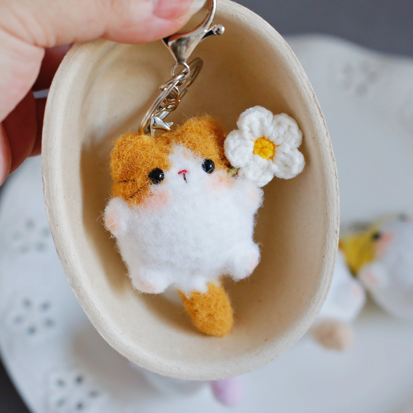 Crochet Flower Holding Cat Keychain