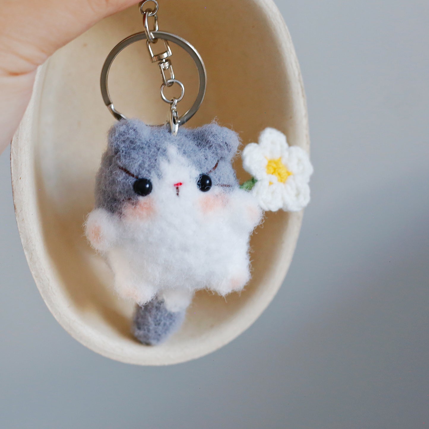 Crochet Flower Holding Cat Keychain
