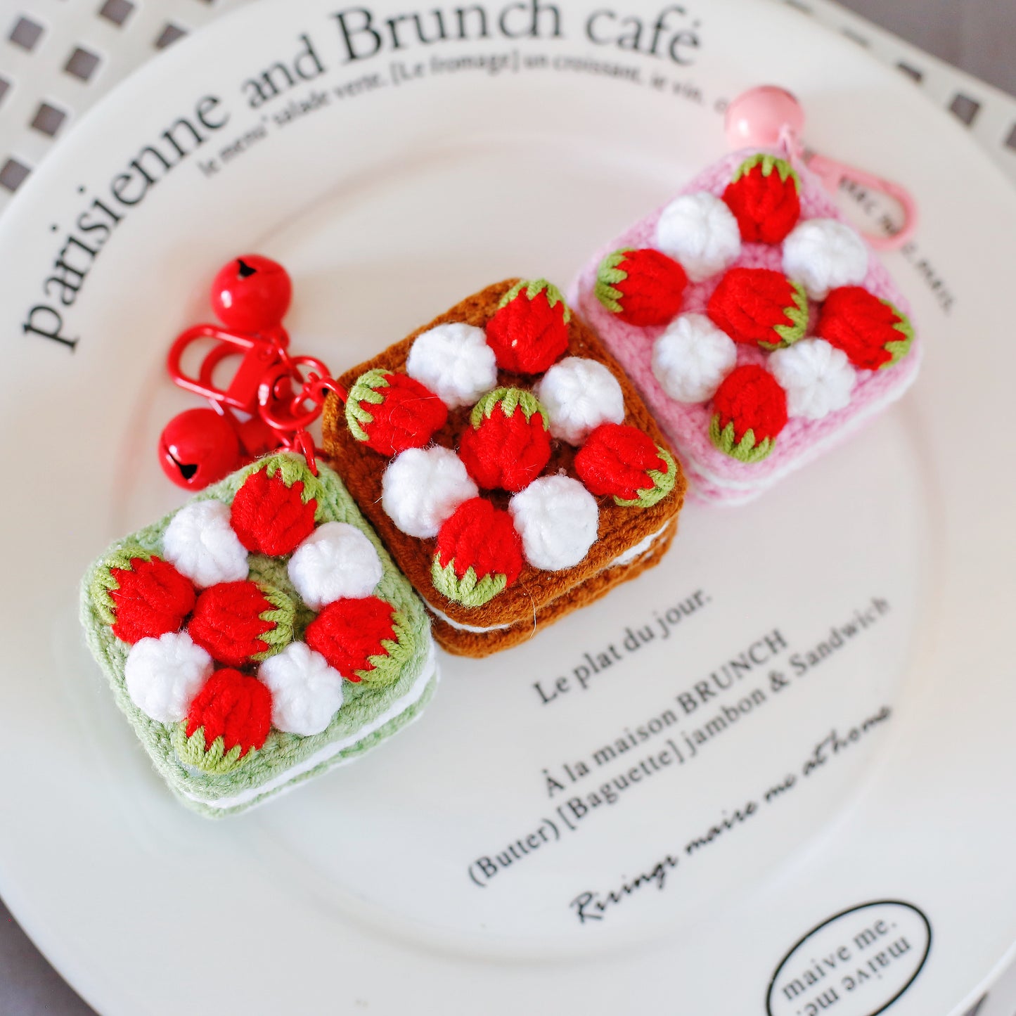 Crochet Strawberry Cake Keychain